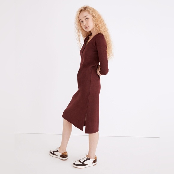 MADEWELL Long Sleeve Henley Midi Dress in Heather Rusted Red - Picture 3 of 10